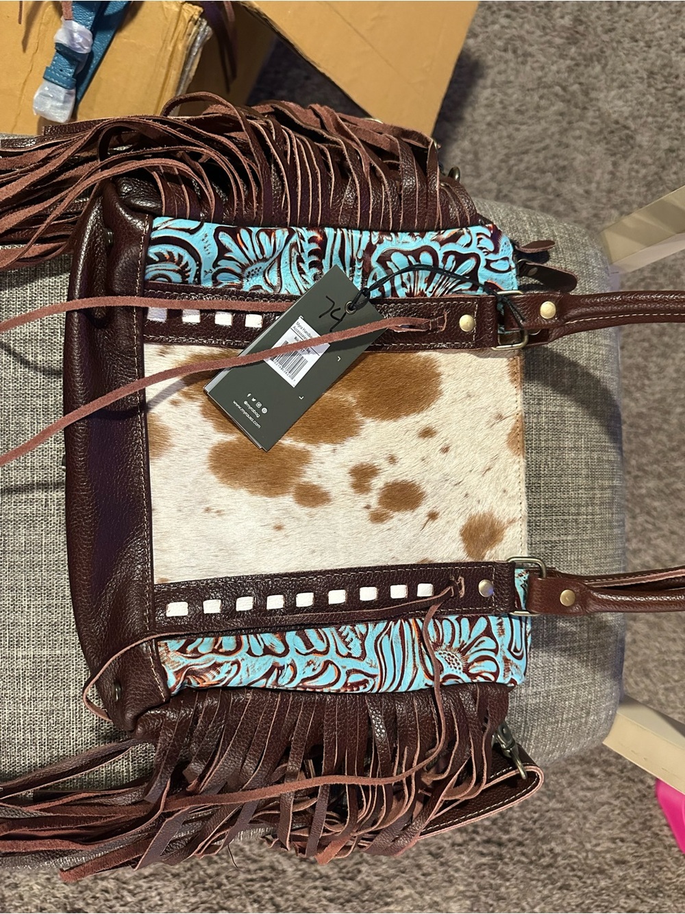 Myra Bag Brown Cowhide Fringe Shoulder Bag with Turquoise Tooled Accents